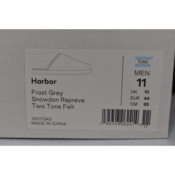 Toms Mens 11 Harbor Frost Grey Snowdon Repreve Two Tone Felt Slip‎ On Slippers